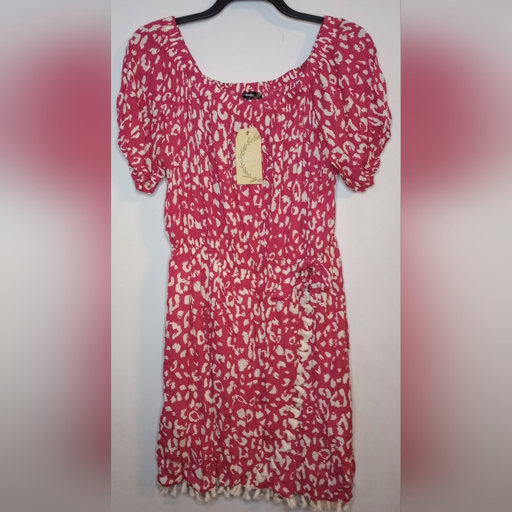 Andree By Unit Pink & Cream Leopard Print Dress Wild Tassels Dress Curvy Size 2X